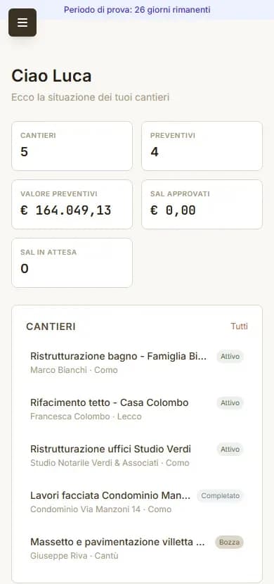 CantiereHub da telefono: riepilogo cantieri e preventivi